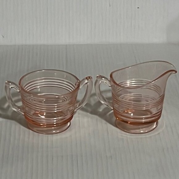 Vintage Pink Depression Glass Anchor Hocking Banded Rings Cream and Sugar - Picture 1 of 7